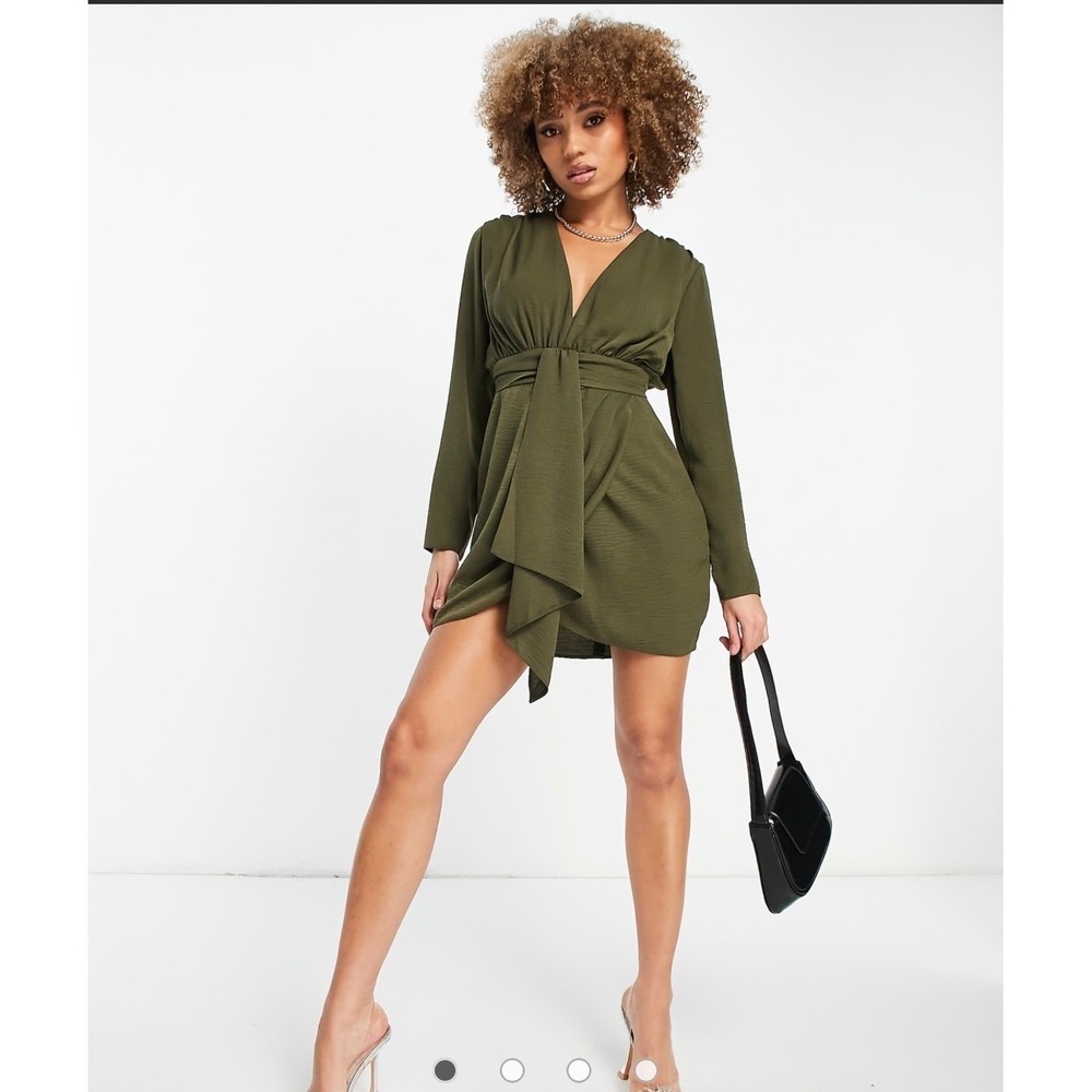 ASOS DESIGN Mini Dress Womens 2 Olive Green New V-Neck Tie Waist Long Sleeve
